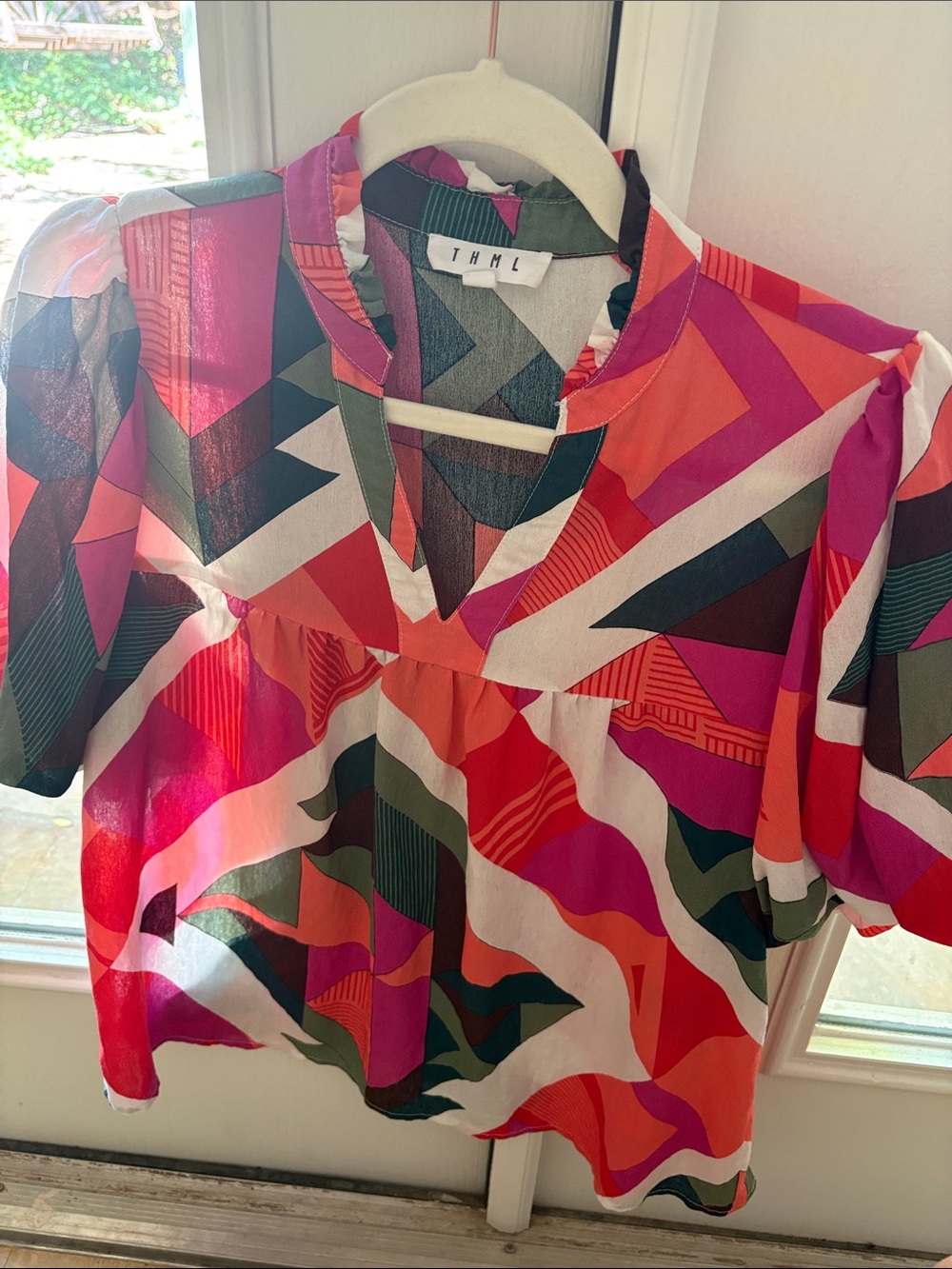 THML Multi-Color Geometric V-Neck Blouse in Pink and Green